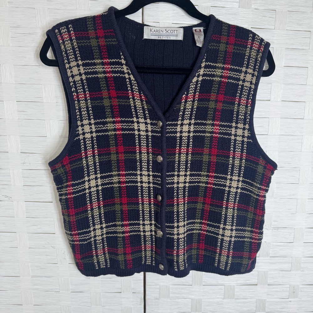 Karen Scott Vintage Blue Red Plaid‎ Sweater Vest with Gold Tone Buttons Size PL